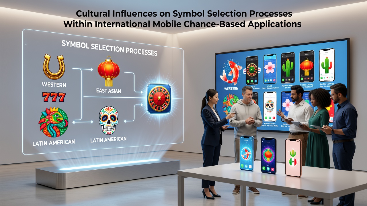 Diverse cultural symbols displayed on mobile device screens for international gaming applications