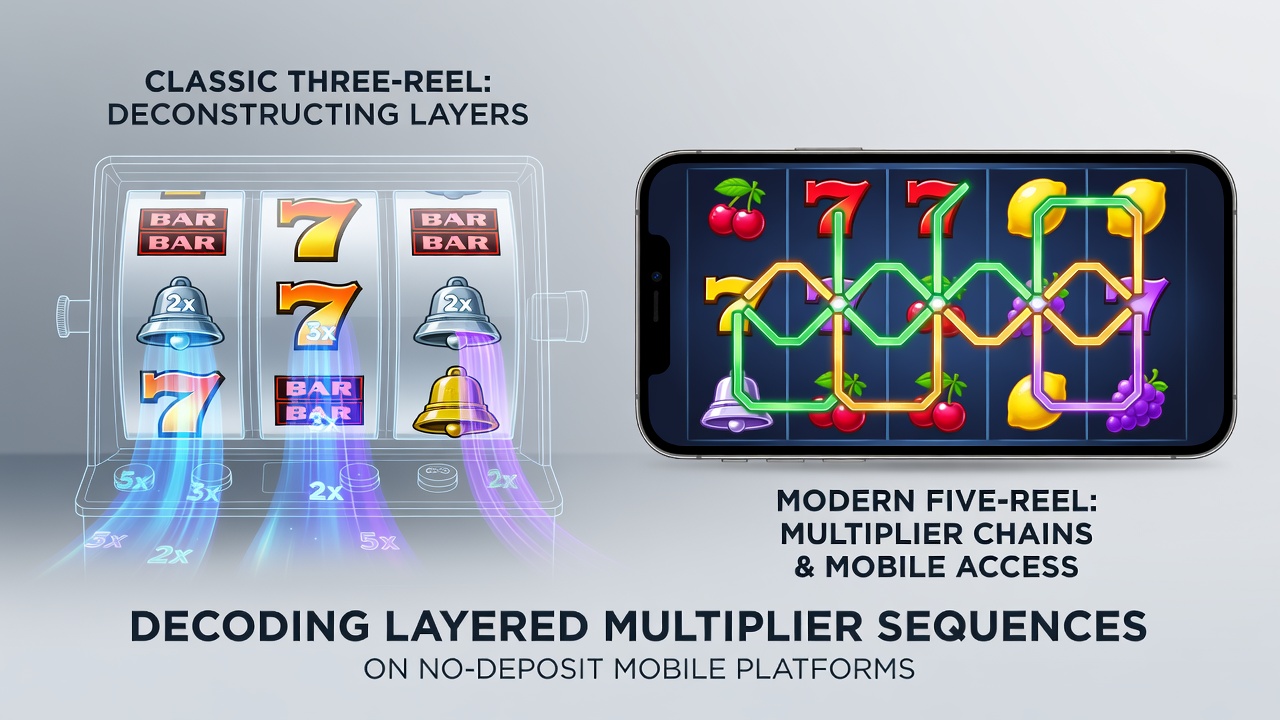 Diagram showing multiplier layers on classic three-reel slot reels compared to five-reel mobile layouts