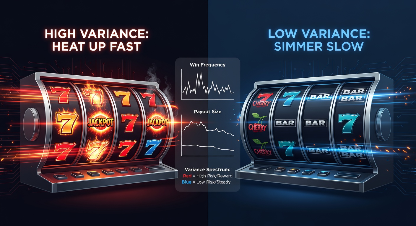 Graph comparing payout distributions in high versus low variance slots, with peaks and valleys illustrating win patterns