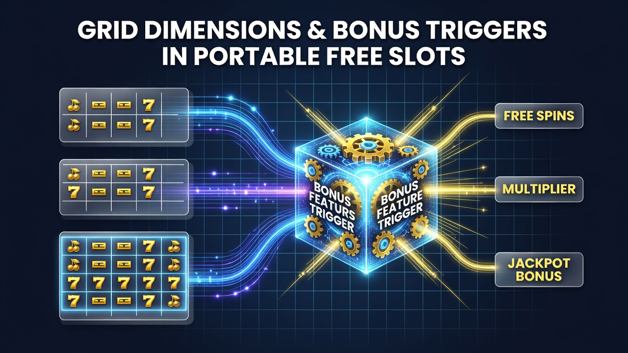 Illustration of various slot grid dimensions including 3x3, 5x4 and expanding reel setups on mobile devices