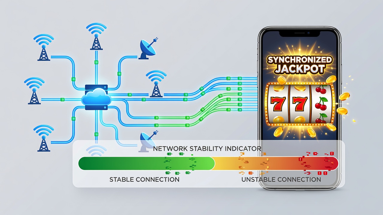 Network signal strength indicators overlaid on a portable slot game session showing real-time jackpot updates