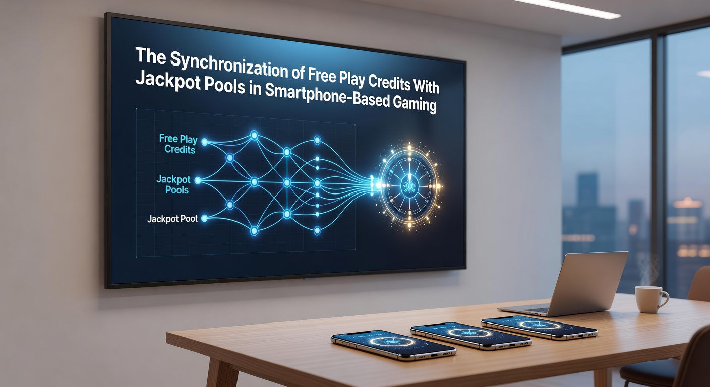 Smartphone screen displaying synchronized free play credits and progressive jackpot pool in a mobile slot game interface