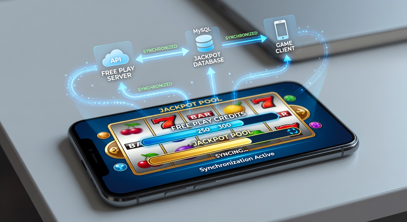 Detailed view of backend synchronization process between mobile free play credits and centralized jackpot pools