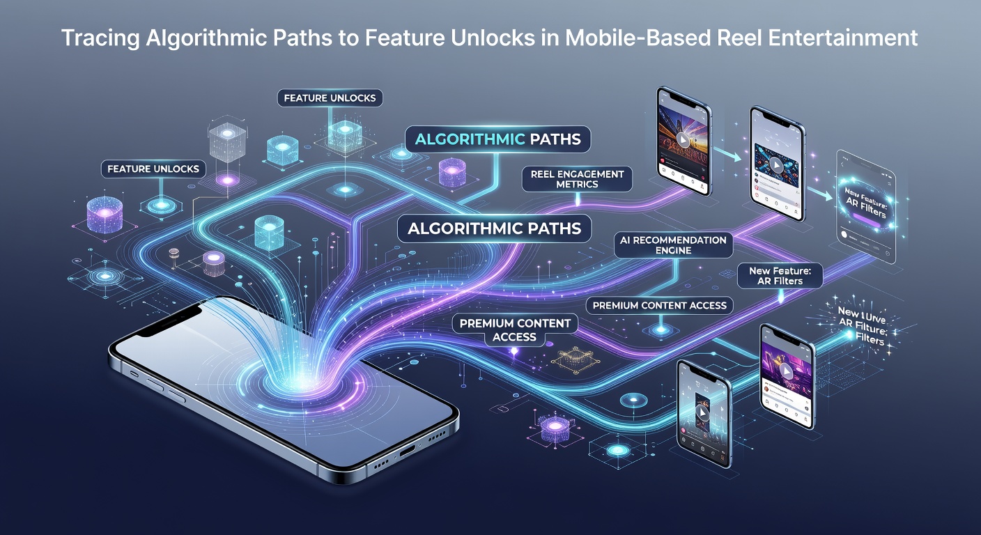 Diagram showing algorithmic decision trees for feature unlocks in mobile slot games with connected nodes and probability branches